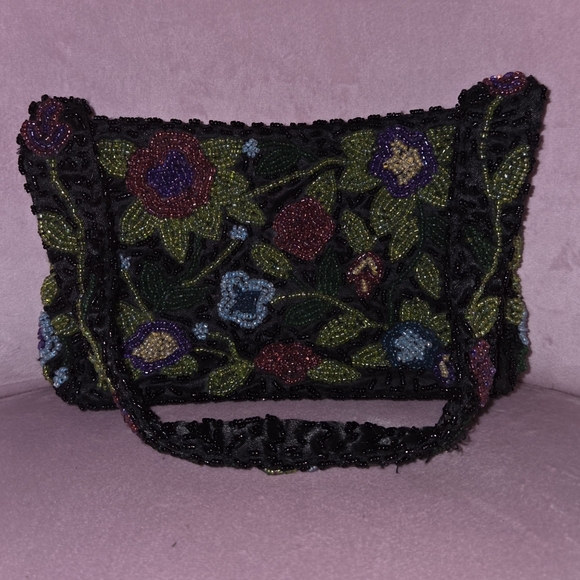 Handbags - Floral Beaded Women's Bag - Black and Multicolor